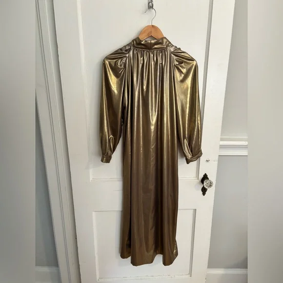 BURU Gold Lamé Long Sleeve Button Up Bow Midi Dress Size XS - Picture 11 of 14